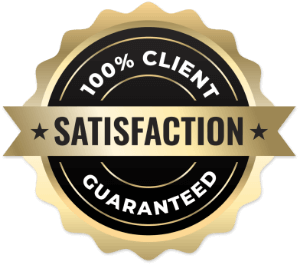 A black and gold 100% satisfaction guaranteed badge.