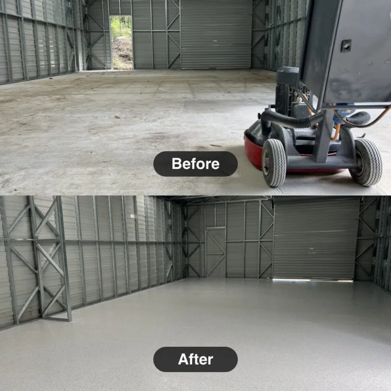 A before and after photo of a concrete floor in a garage.