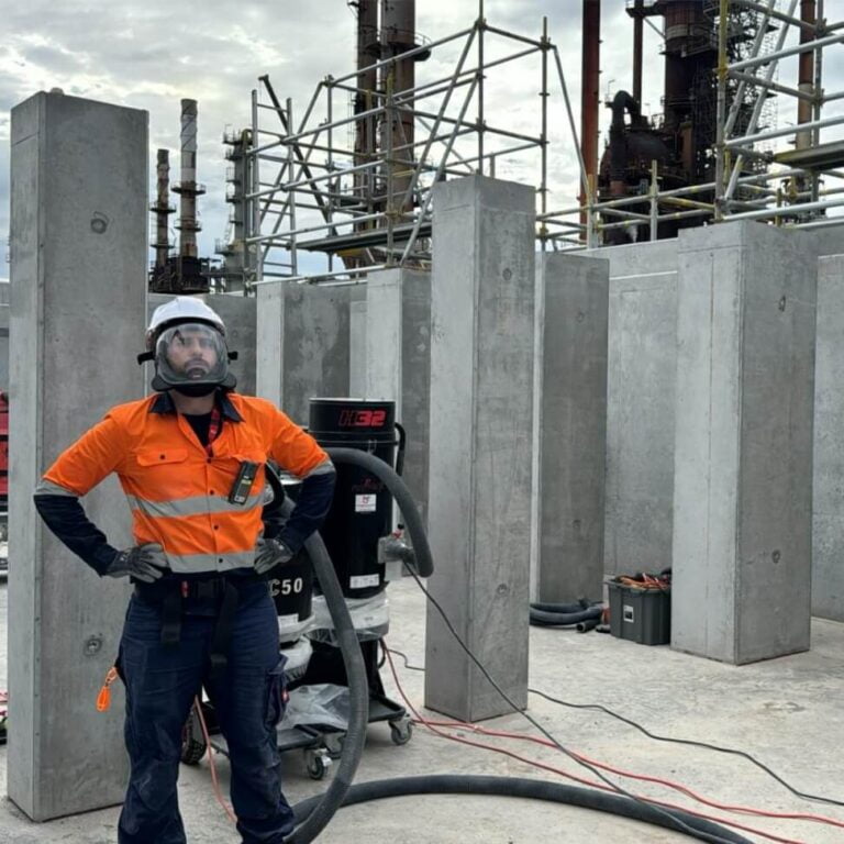 A construction worker in safety gear is standing at a building site with concrete pillars and scaffolding in the background.