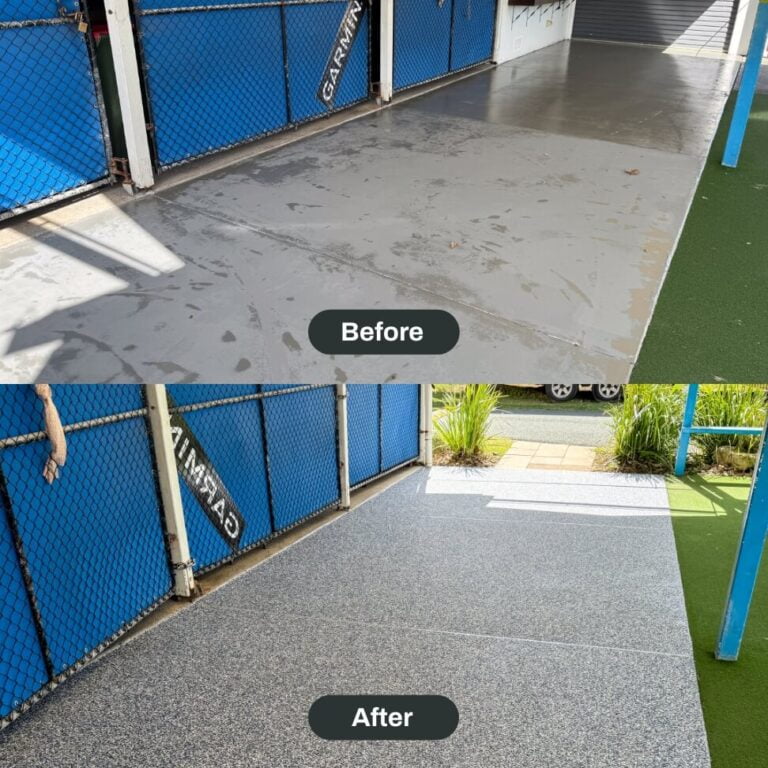 A side-by-side comparison showing a concrete floor before and after refinishing. The "before" image depicts a plain, gray floor, while the "after" image shows a glossy, speckled finish.