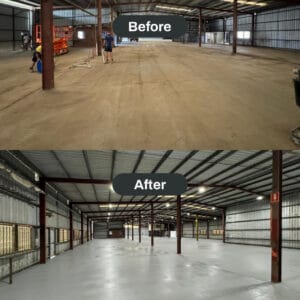 Top image shows a warehouse with a dirt floor and some equipment. Bottom image shows the same warehouse with a smooth, painted concrete floor. Labels read "Before" and "After.