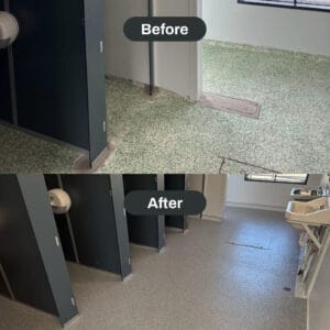 Split image showing a bathroom renovation; the "before" image has worn green flooring, and the "after" image shows improved clean gray flooring, sinks, and stalls.