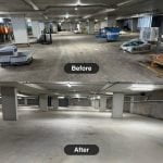 Before and after photos of a restored concrete garage floor.