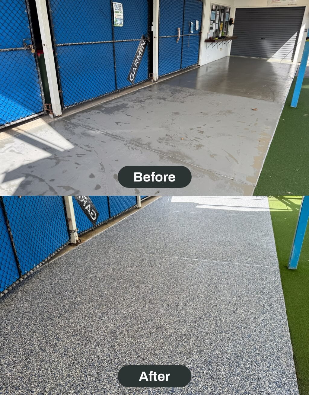 A side-by-side before and after image showcasing a concrete resurfacing transformation, changing a plain grey surface (top) to a speckled blue and grey pattern (bottom).