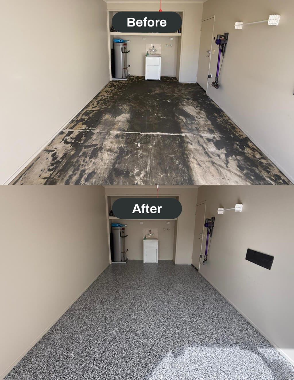 Split image showing a garage before and after renovation; the top has a worn floor, the bottom shows a new speckled grey epoxy floor.