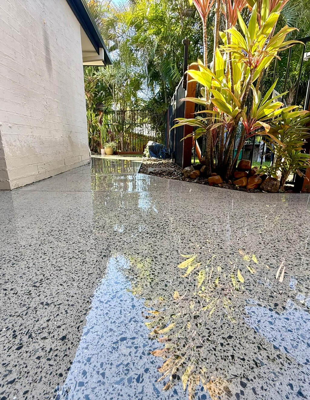Polished concrete patio floor reflecting nearby plants and the house, with garden and greenery in the background.