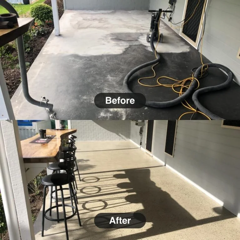 Before and after pictures of a concrete patio.
