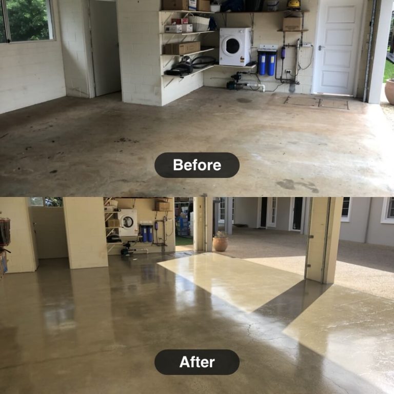 Before and after pictures of a concrete garage floor.