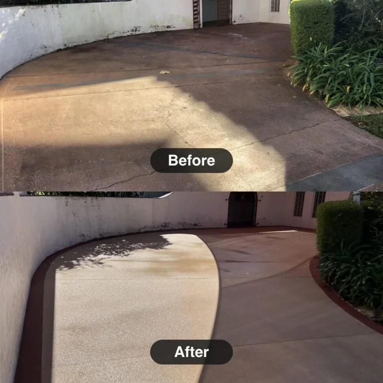A before and after photo of a driveway.