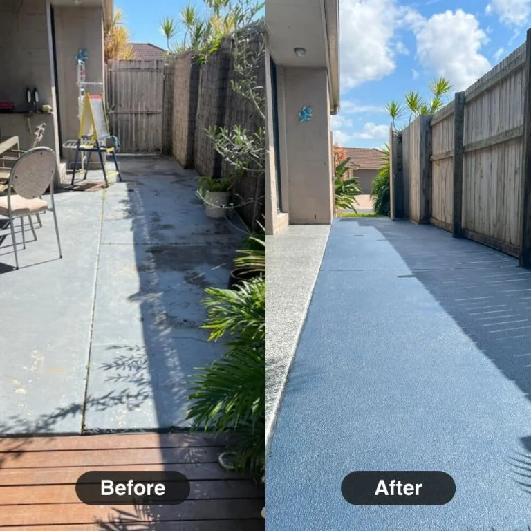 A before and after photo of a concrete patio.