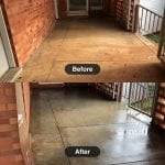 Before and after pictures of a concrete patio.