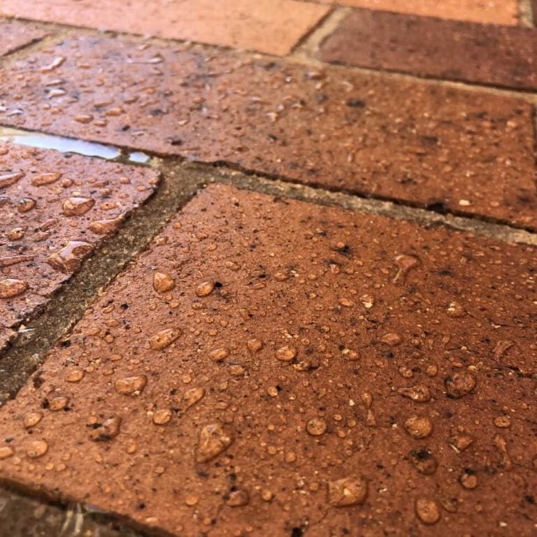A close up of water droplets on a waterproofed brick floor.