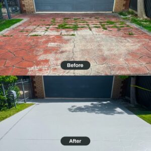 A driveway with cracks and weeds before repair, shown in the top image, and the same driveway resurfaced and clean in the bottom image.