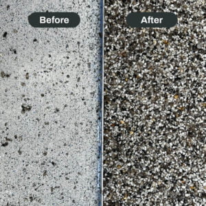 Side-by-side comparison of a concrete surface before and after treatment, showing the untreated rough surface on the left and the smoother, cleaner, and more polished surface on the right.