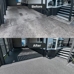 Before and after images of a driveway resurfacing. The top shows an old, worn surface, while the bottom shows a freshly refinished, smooth driveway.