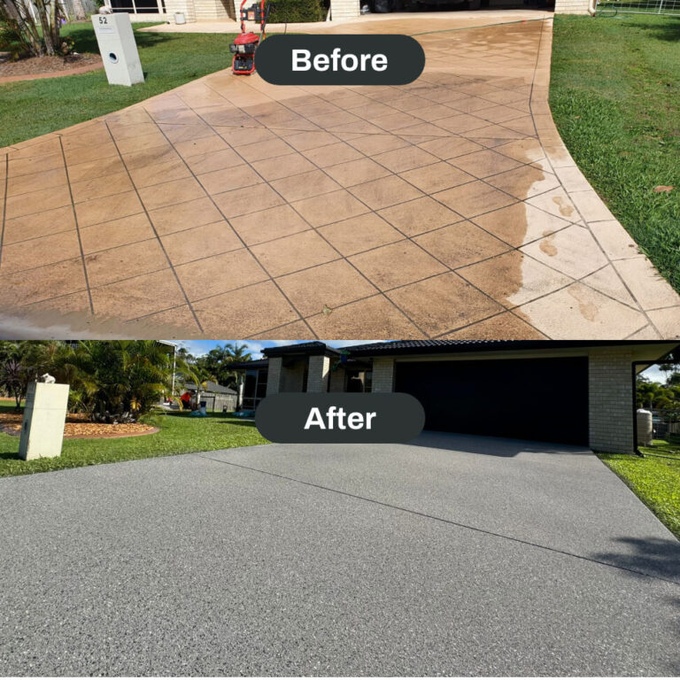 Top image shows a dirty driveway before cleaning, while the bottom image shows the same driveway after cleaning, looking clean and fresh.