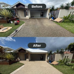 Two-image comparison showing a garage and driveway before and after renovation. The driveway appears refurbished and cleaner in the "after" image.