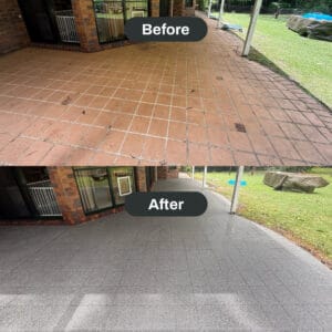 Before and after images of a patio showing old brown tiles replaced with new gray tiles, surrounded by greenery.