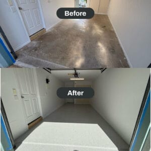 Two images show a garage floor makeover. The top image is the floor before with raw concrete. The bottom image is the floor after, now covered with polished, textured material.