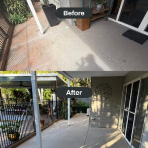 Side-by-side comparison showing a patio before and after renovation; the before image shows a worn surface, while the after image displays a clean, freshly resurfaced patio.