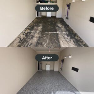 Side-by-side comparison of a garage before and after renovation, showing a worn floor in the top image and a freshly coated, speckled floor in the bottom image.