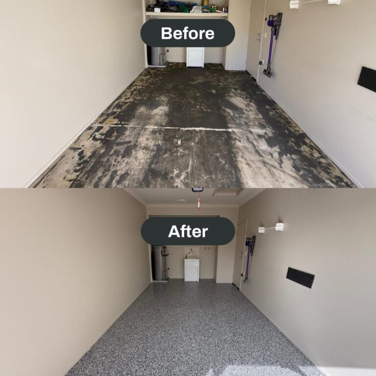 Side-by-side comparison of a garage before and after renovation, showing a worn floor in the top image and a freshly coated, speckled floor in the bottom image.