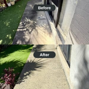 Before and after comparison of a concrete surface outside a house, showing it dirty in the top image and clean in the bottom image.