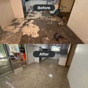 Side-by-side photos show a kitchen floor before and after renovation; the floor is damaged and messy in the first, polished and clean in the second.