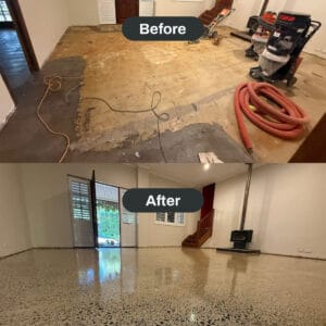 Side-by-side comparison of a room before and after renovation; top shows bare subfloor, bottom shows polished terrazzo floor with bright, finished appearance.