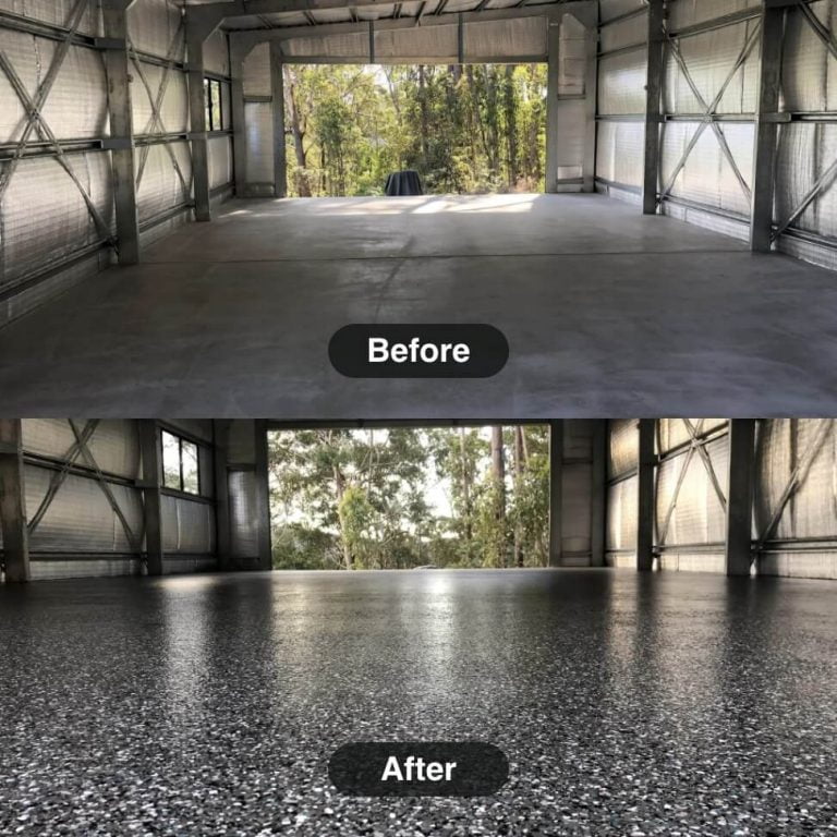 Before and after pictures of an epoxy garage floor.