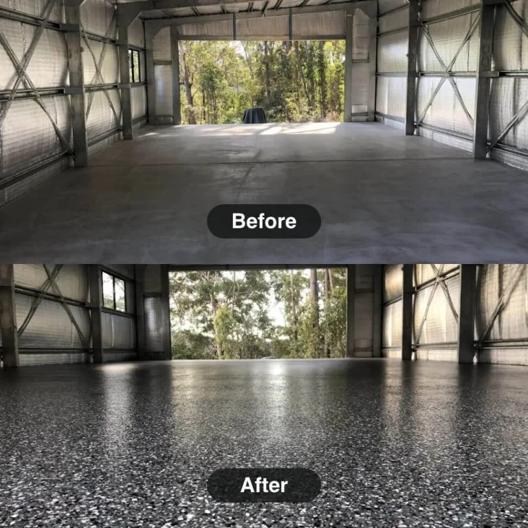 Before and after pictures of an epoxy garage floor.