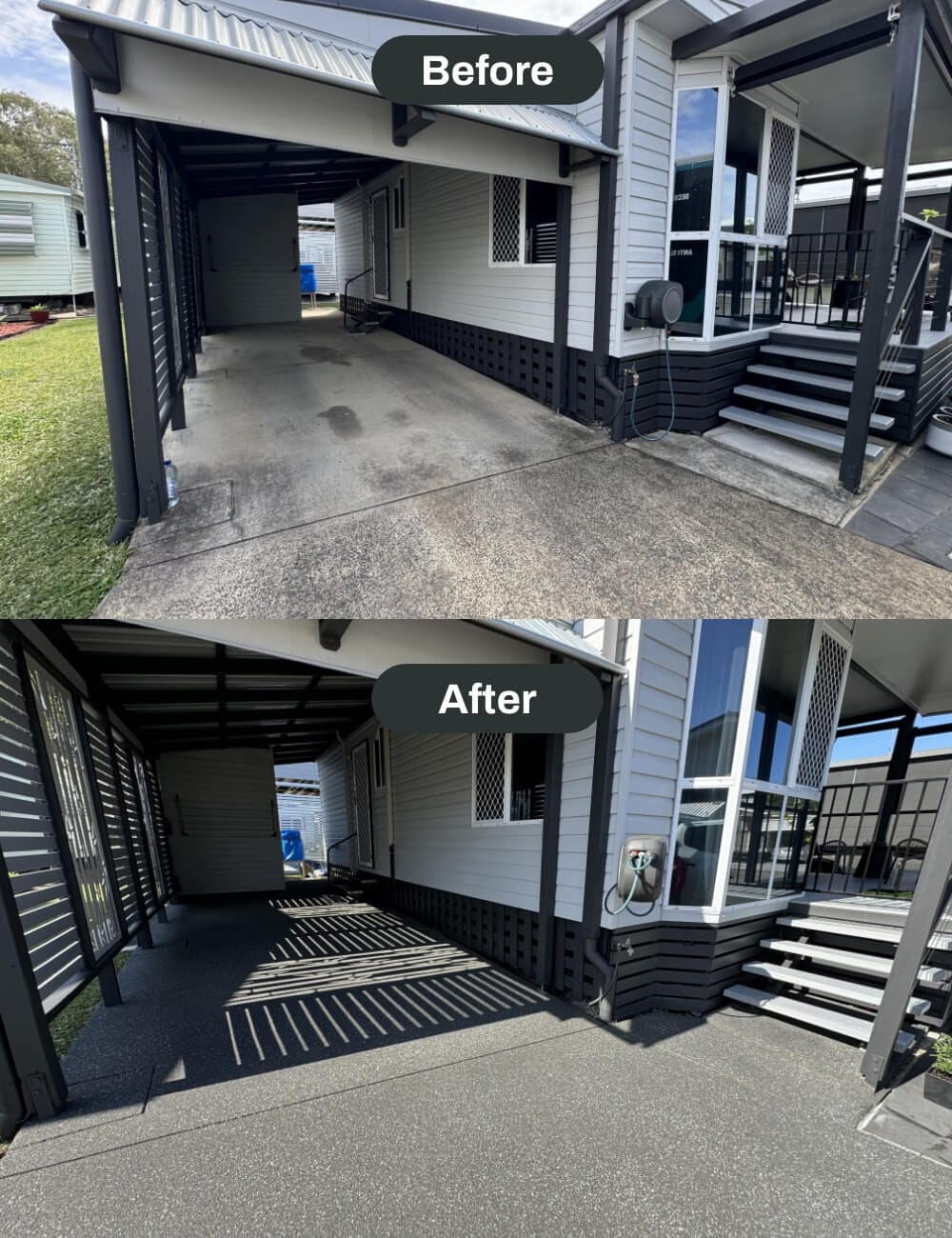 Side-by-side comparison of a carport, before and after resurfacing. The "after" image shows a cleaner surface with a darker finish.